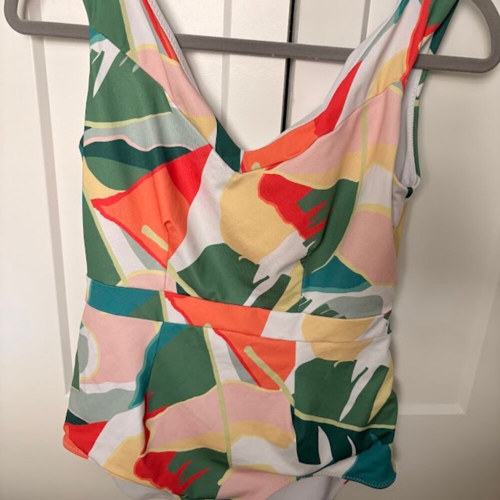 Seea Abstract Palm Leaf V-Neck One-Piece Swimsuit — Green, Pink, Yellow, Coral